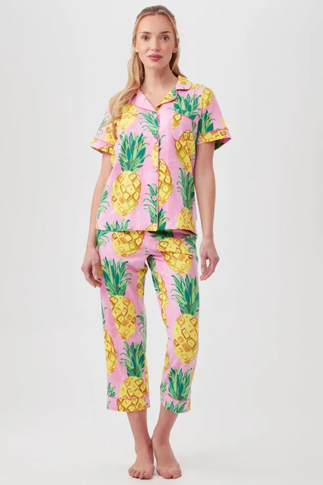 SHOP Trina Turk WOMEN039S SLEEPWEAR PINEAPPLES WOMEN039S SHORT SLEEVE CROPPED PANT JERSEY PJ SET