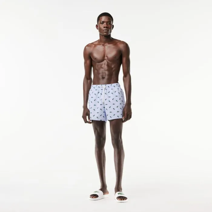 Shorts and Swim Men Lacoste Men039s Crocodile Print Swim Trunks Light Blue White T69