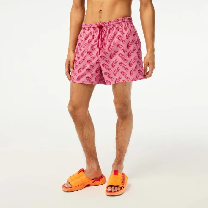 Shorts and Swim Men Lacoste Mens Printed Swim Trunks Red Pink Ay1