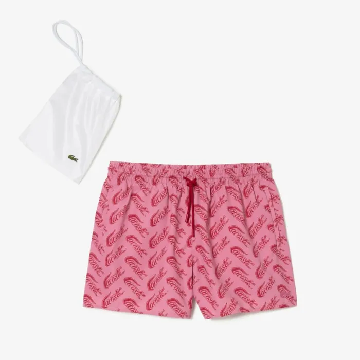 Shorts and Swim Men Lacoste Mens Printed Swim Trunks Red Pink Ay1