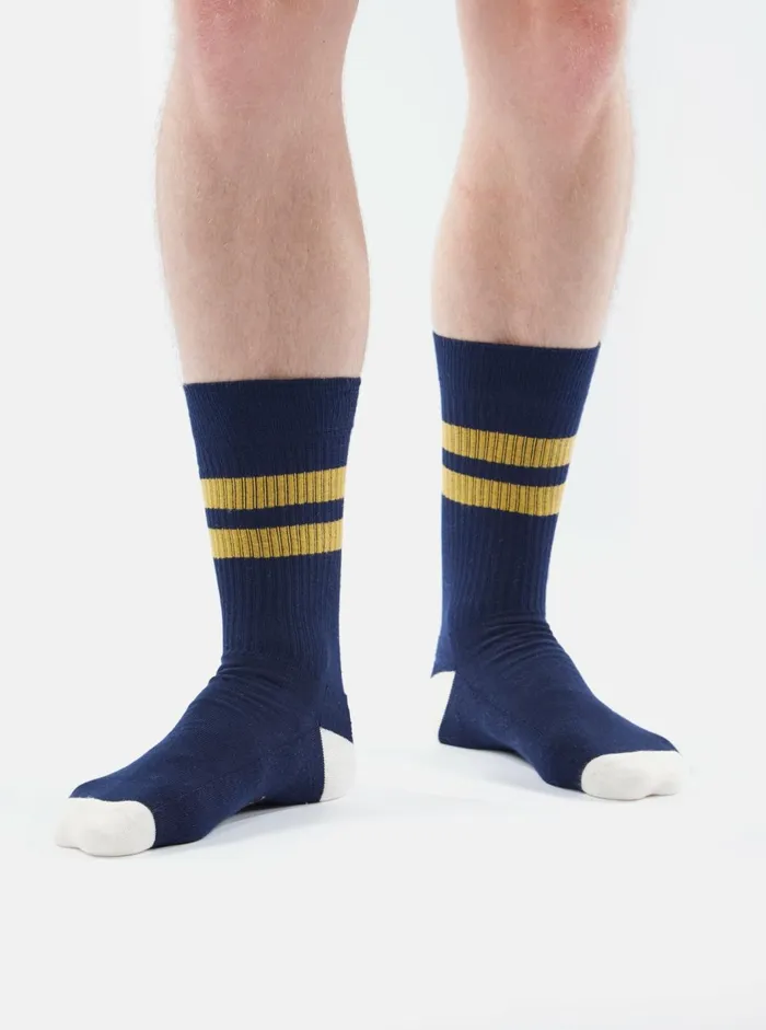 Sport Sock In NavyYellow Cotton Rib Men Universal Works Socks Sport Sock In NavyYellow Cotton Rib Men Universal Works Socks