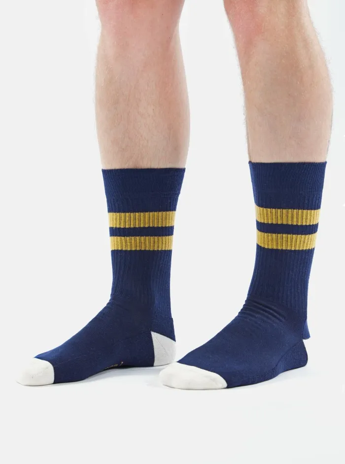 Sport Sock In NavyYellow Cotton Rib Men Universal Works Socks Sport Sock In NavyYellow Cotton Rib Men Universal Works Socks