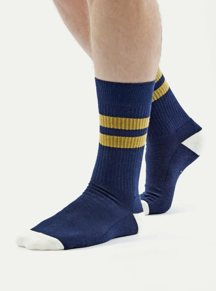 Sport Sock In NavyYellow Cotton Rib Men Universal Works Socks Sport Sock In NavyYellow Cotton Rib Men Universal Works Socks