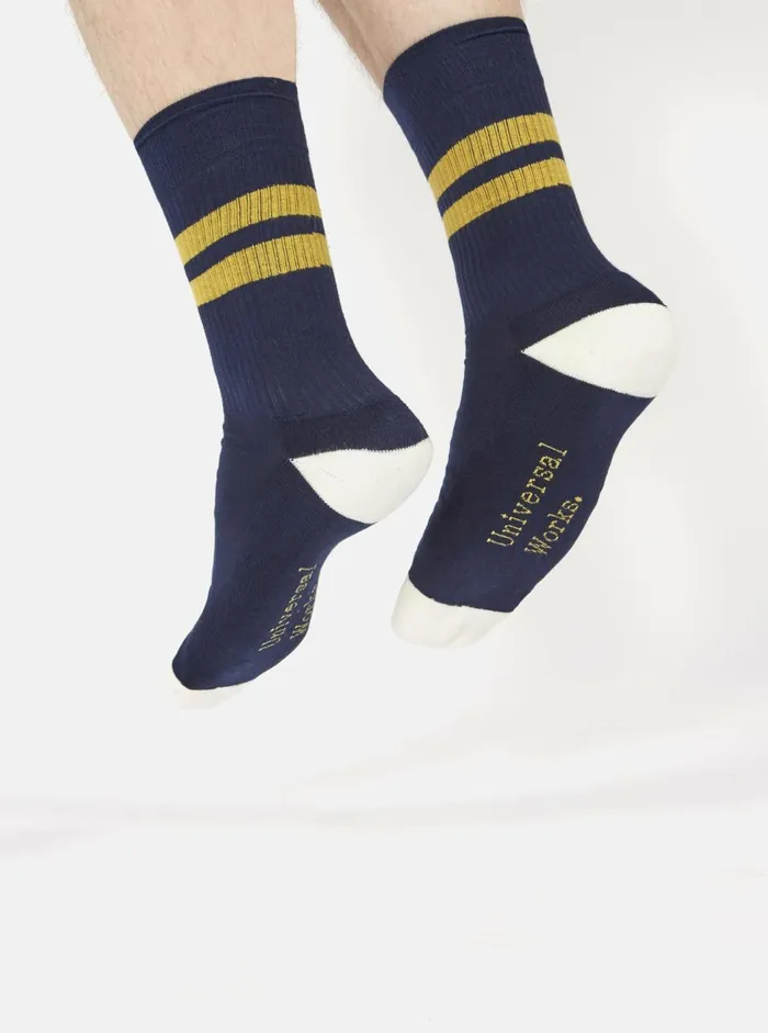 Sport Sock In NavyYellow Cotton Rib Men Universal Works Socks Sport Sock In NavyYellow Cotton Rib Men Universal Works Socks