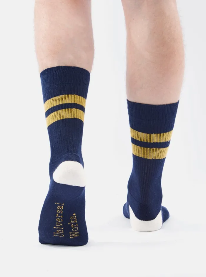 Sport Sock In NavyYellow Cotton Rib Men Universal Works Socks Sport Sock In NavyYellow Cotton Rib Men Universal Works Socks