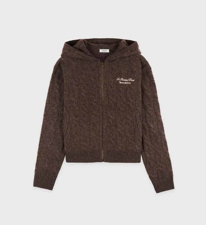 Sporty and Rich Knitwear Women Faubourg Cableknit Wool Cashmere Zip Hoodie 8211 ChocolateCream