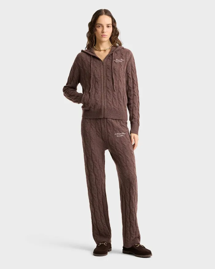 Sporty and Rich Knitwear Women Faubourg Cableknit Wool Cashmere Zip Hoodie 8211 ChocolateCream