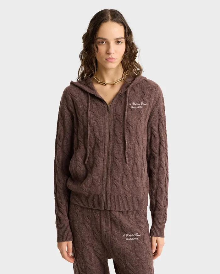 Sporty and Rich Knitwear Women Faubourg Cableknit Wool Cashmere Zip Hoodie 8211 ChocolateCream