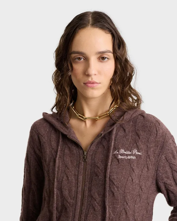 Sporty and Rich Knitwear Women Faubourg Cableknit Wool Cashmere Zip Hoodie 8211 ChocolateCream
