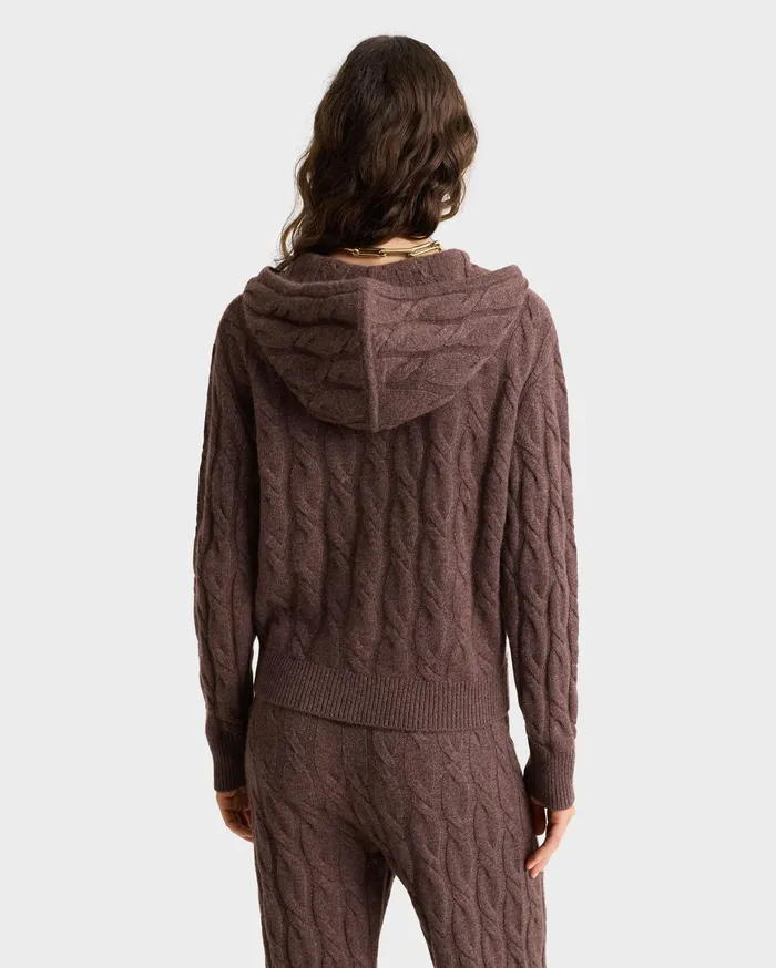 Sporty and Rich Knitwear Women Faubourg Cableknit Wool Cashmere Zip Hoodie 8211 ChocolateCream