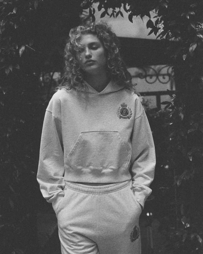 Sporty and Rich Sweatshirts Women NY Crest Cropped Hoodie 8211 Heather GrayGold