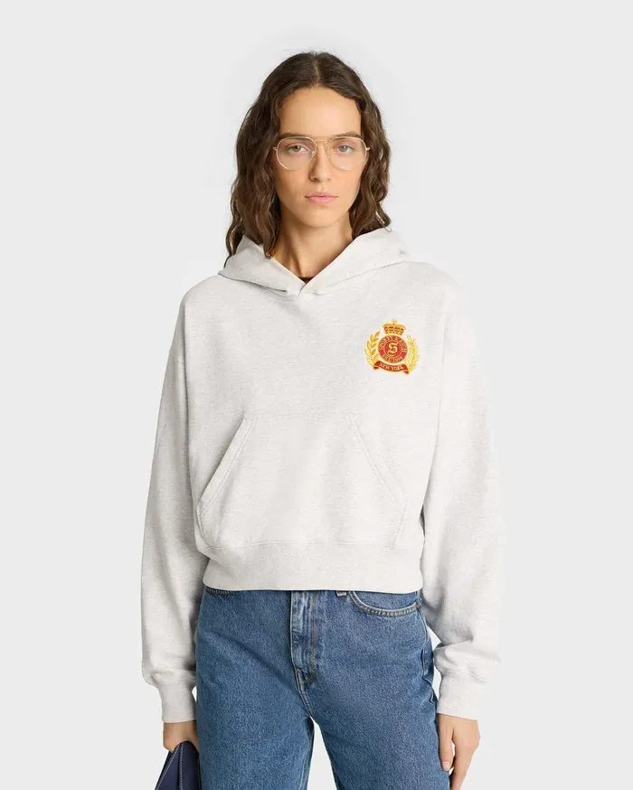 Sporty and Rich Sweatshirts Women NY Crest Cropped Hoodie 8211 Heather GrayGold