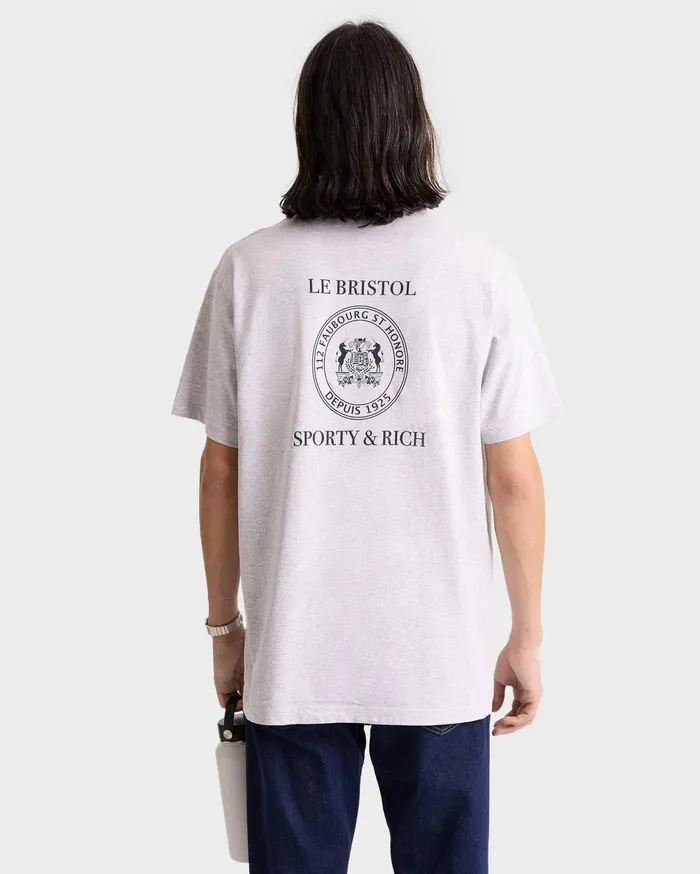 Sporty and Rich TShirts Men Crest Seal 100th T Shirt 8211 Heather GrayNavy
