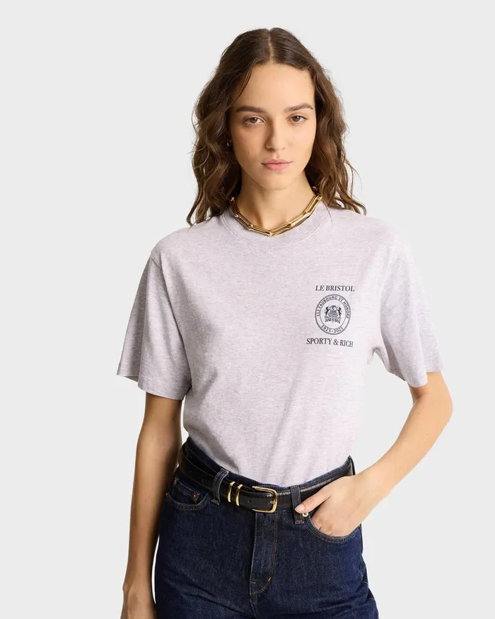 Sporty and Rich TShirts Men Crest Seal 100th T Shirt 8211 Heather GrayNavy