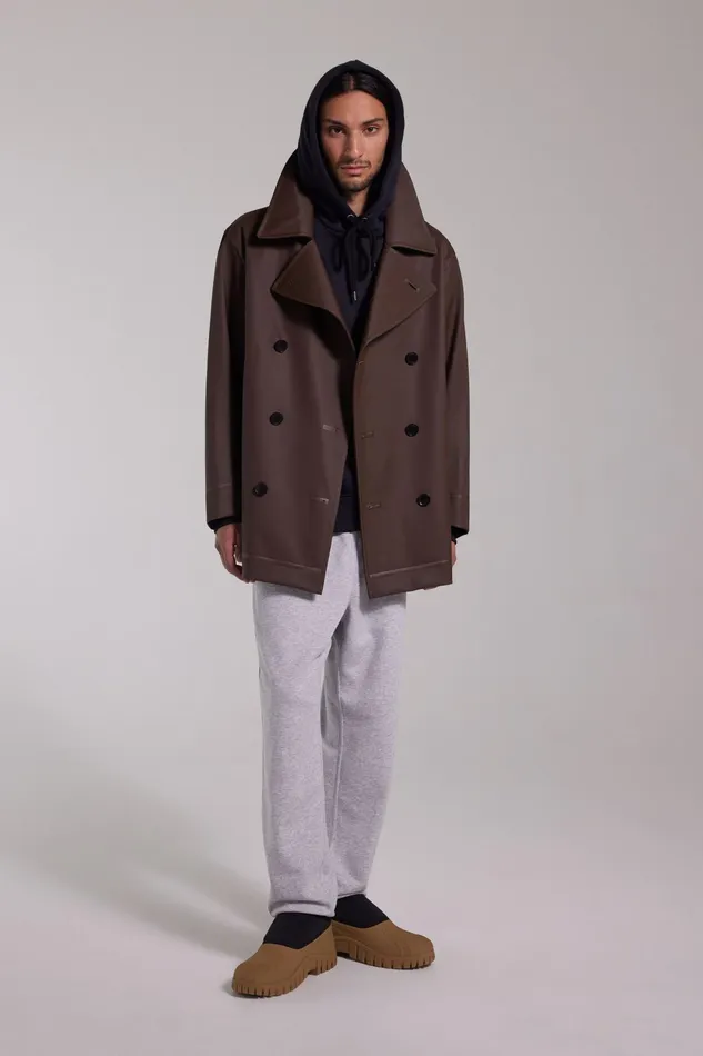 Stutterheim Tranholmen Double Breasted Raincoat Dark Brown Men Winter Coats
