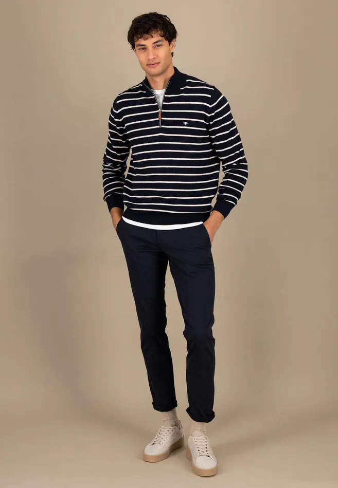 Sweater Men FYNCHHATTON Knitting Sweaters With A Troyer Collar And Striped Look Navynew Offwhitepoppy Red