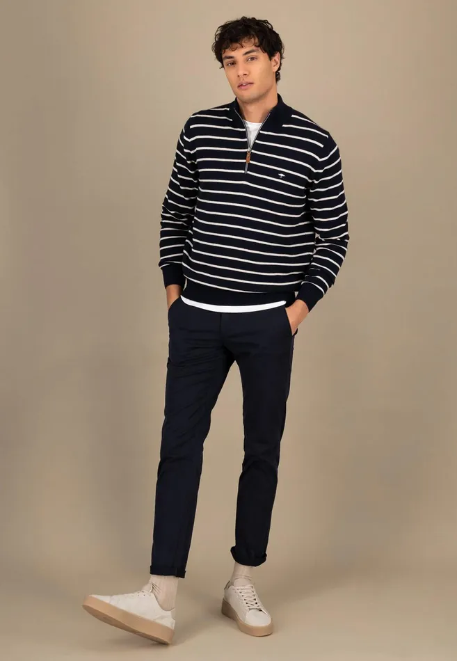 Sweater Men FYNCHHATTON Knitting Sweaters With A Troyer Collar And Striped Look Navynew Offwhitepoppy Red