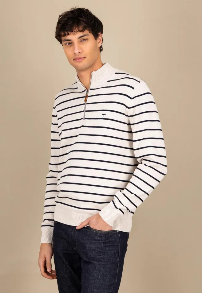 Sweater Men FYNCHHATTON Knitting Sweaters With A Troyer Collar And Striped Look Navynew Offwhitepoppy Red