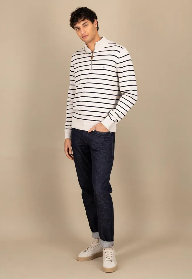 Sweater Men FYNCHHATTON Knitting Sweaters With A Troyer Collar And Striped Look Navynew Offwhitepoppy Red