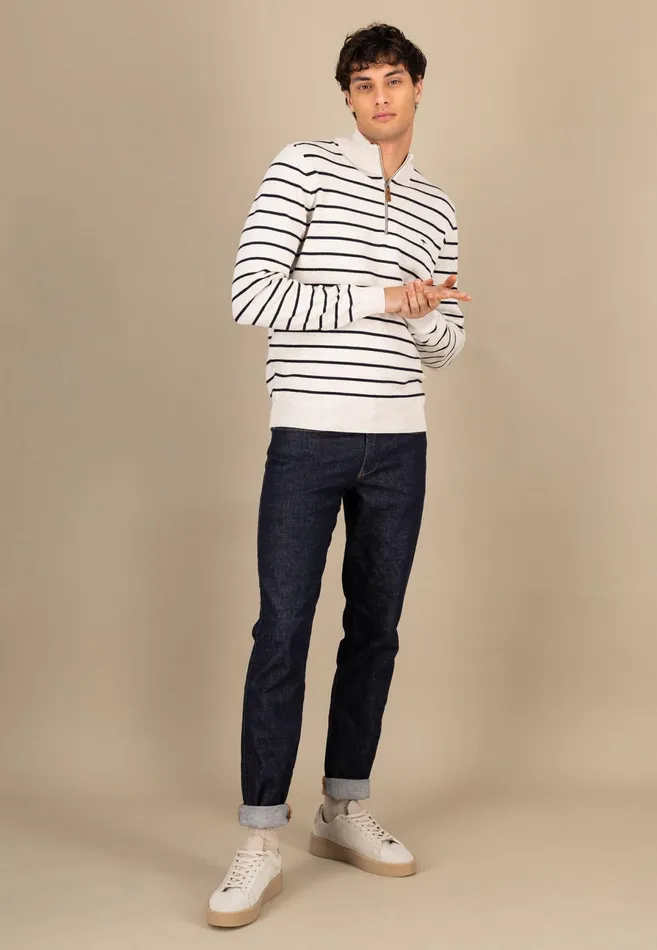 Sweater Men FYNCHHATTON Knitting Sweaters With A Troyer Collar And Striped Look Navynew Offwhitepoppy Red