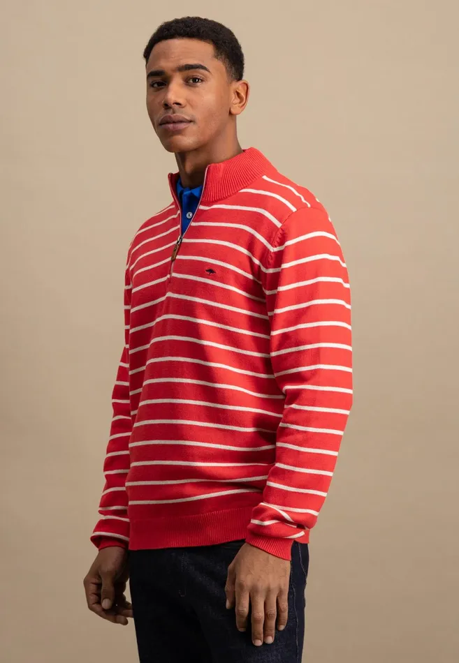 Sweater Men FYNCHHATTON Knitting Sweaters With A Troyer Collar And Striped Look Navynew Offwhitepoppy Red