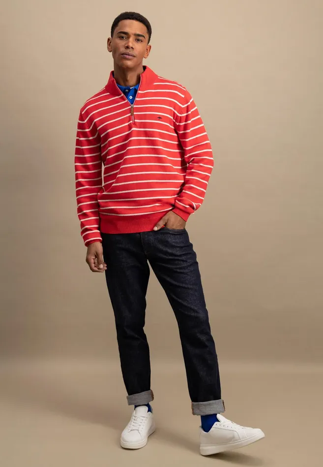 Sweater Men FYNCHHATTON Knitting Sweaters With A Troyer Collar And Striped Look Navynew Offwhitepoppy Red