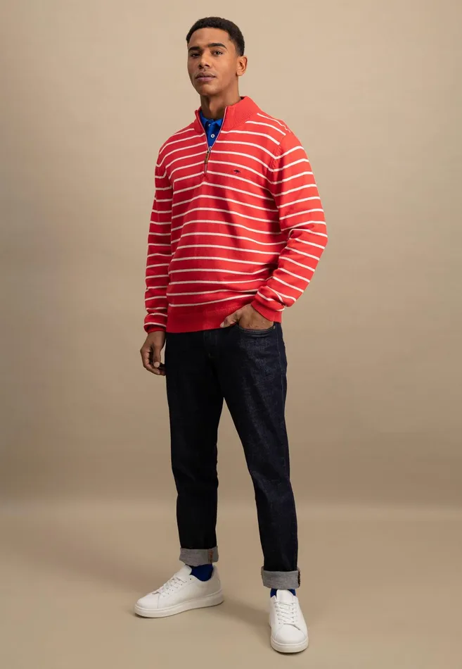 Sweater Men FYNCHHATTON Knitting Sweaters With A Troyer Collar And Striped Look Navynew Offwhitepoppy Red