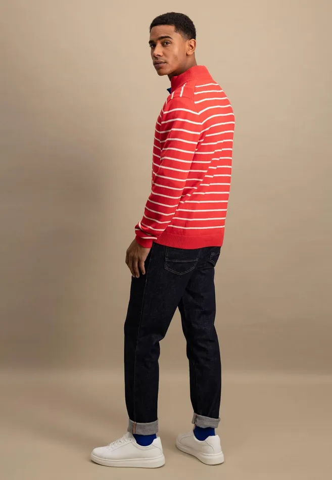 Sweater Men FYNCHHATTON Knitting Sweaters With A Troyer Collar And Striped Look Navynew Offwhitepoppy Red
