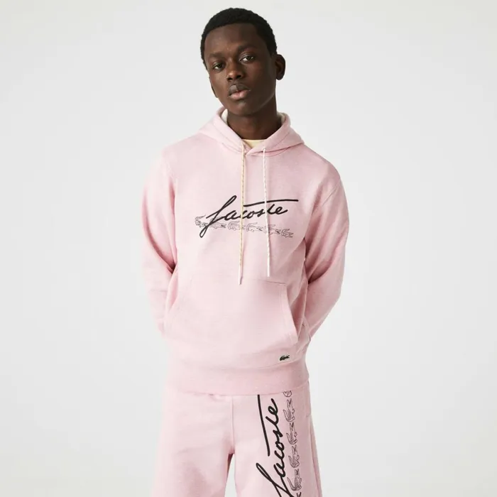 Sweaters and Sweatshirts Men Lacoste Men039s Signature Flecked Cotton Fleece Hoodie Pink Hcq