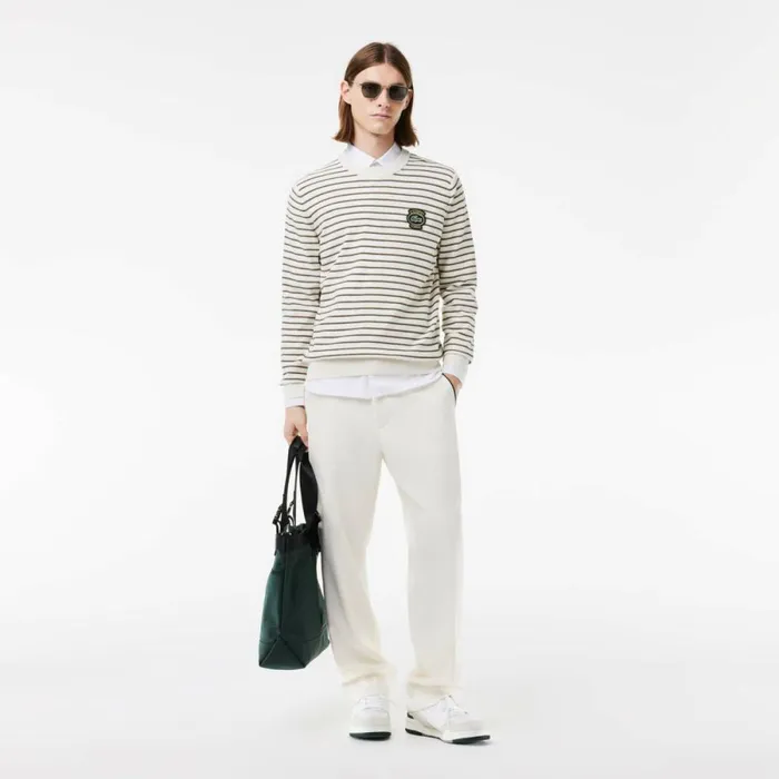 Sweaters and Sweatshirts Men Lacoste Men039s Striped Cotton Badge Crew Neck Sweater White Beige Black Green Ity