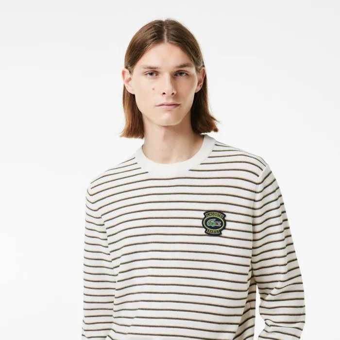 Sweaters and Sweatshirts Men Lacoste Men039s Striped Cotton Badge Crew Neck Sweater White Beige Black Green Ity