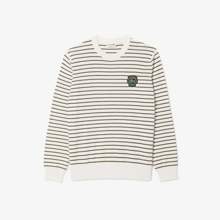 Sweaters and Sweatshirts Men Lacoste Men039s Striped Cotton Badge Crew Neck Sweater White Beige Black Green Ity