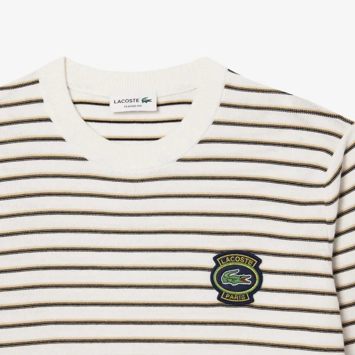 Sweaters and Sweatshirts Men Lacoste Men039s Striped Cotton Badge Crew Neck Sweater White Beige Black Green Ity