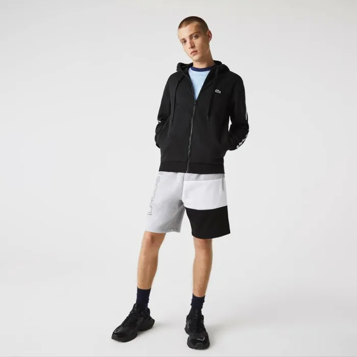 Sweaters and Sweatshirts Men Lacoste Mens Colorblock Lettered Fleece ZipUp Hoodie Black 8vm