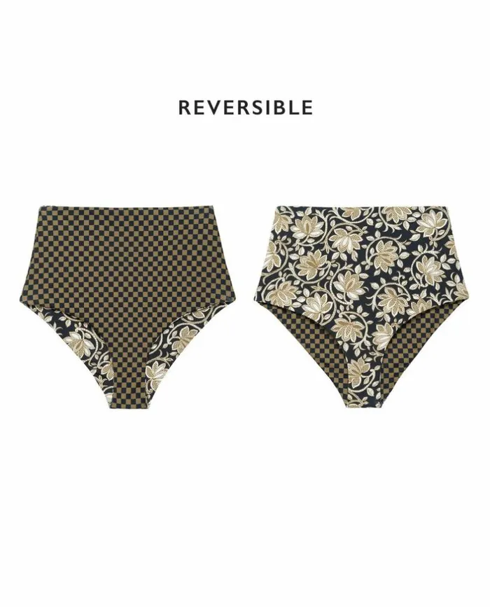 Swim The Great The Reversible MidRise Brief Black Oasis Floral And Bronze Check