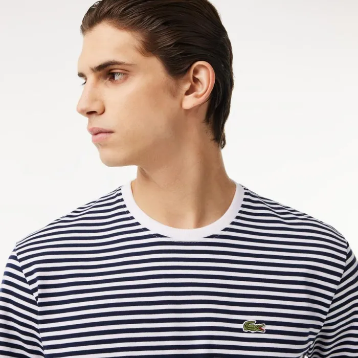 TShirts Men Lacoste Men039s Heavy Cotton Striped TShirt White Navy Blue 522