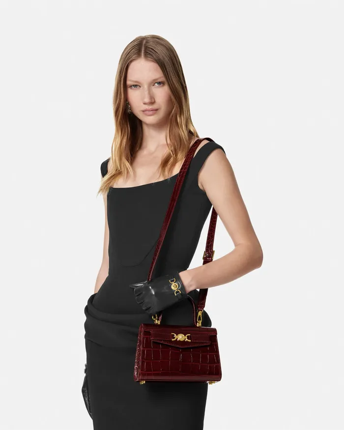 Top Handle Women Versace CrocEffect Medusa 03995 Small Handbag Burgundy