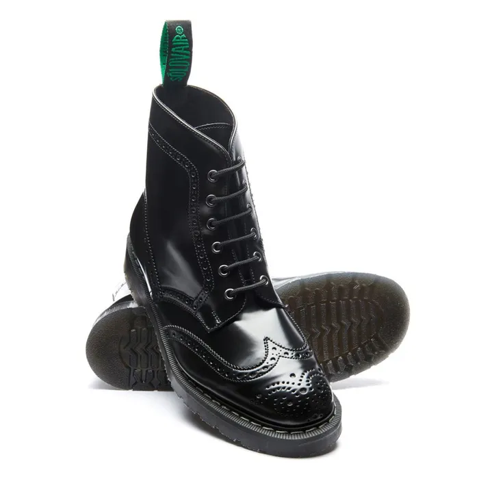 Vegan Solovair Brogue Boots Black HiShine Vegan 6 Eye Derby Brogue Boot