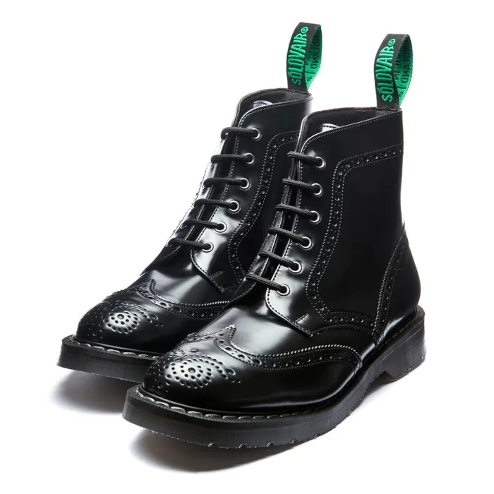 Vegan Solovair Brogue Boots Black HiShine Vegan 6 Eye Derby Brogue Boot