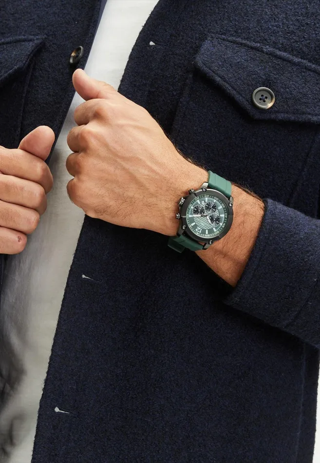 Watch Men FYNCHHATTON Stainless Steel Wristwatch With Chronograph Function And Green Silicone Strap Black