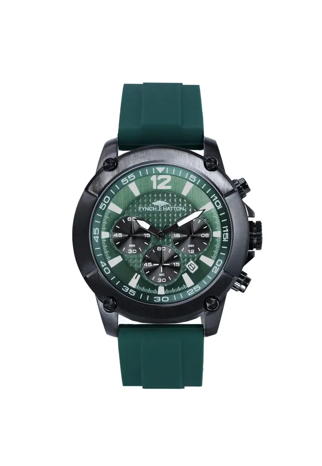 Watch Men FYNCHHATTON Stainless Steel Wristwatch With Chronograph Function And Green Silicone Strap Black Watch Men FYNCHHATTON Stainless Steel Wristwatch With Chronograph Function And Green Silicone Strap Black