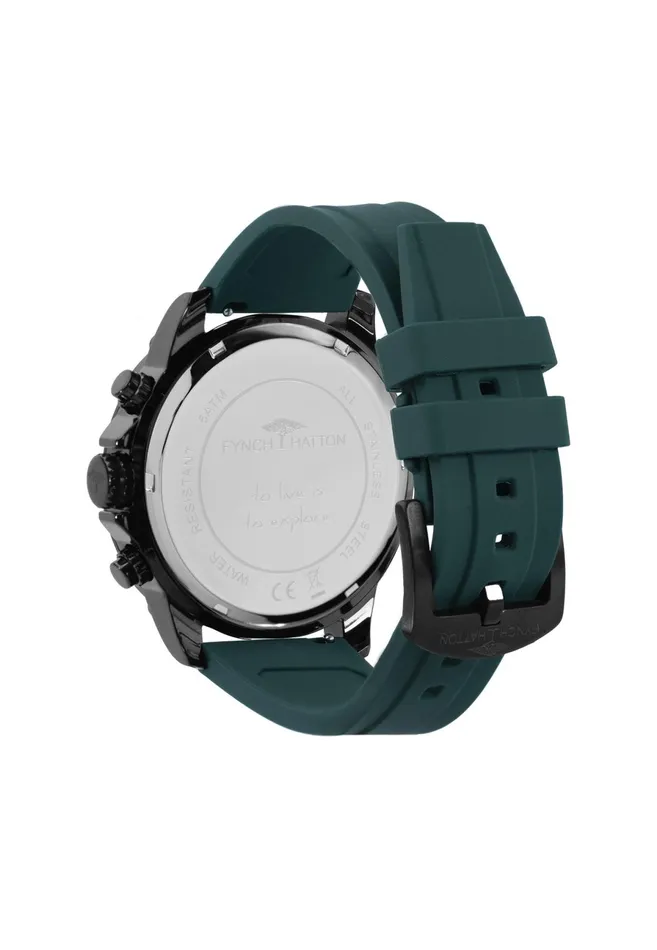Watch Men FYNCHHATTON Stainless Steel Wristwatch With Chronograph Function And Green Silicone Strap Black Watch Men FYNCHHATTON Stainless Steel Wristwatch With Chronograph Function And Green Silicone Strap Black