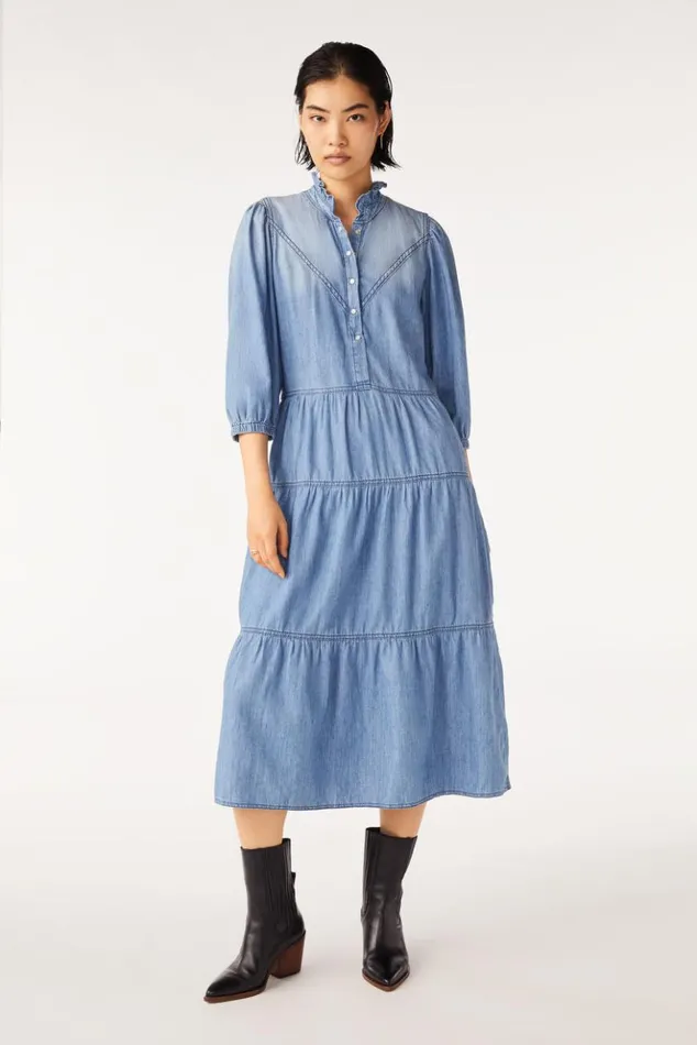 WillowRuffled Denim Midi Dress Clothing Baandsh Dresses