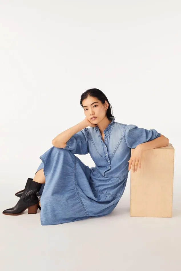 WillowRuffled Denim Midi Dress Clothing Baandsh Dresses