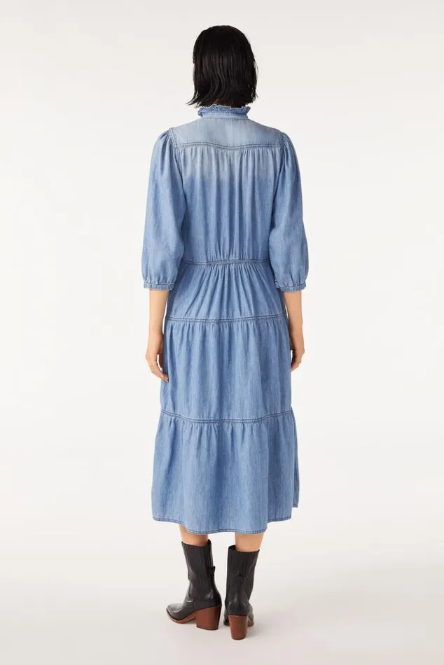 WillowRuffled Denim Midi Dress Clothing Baandsh Dresses