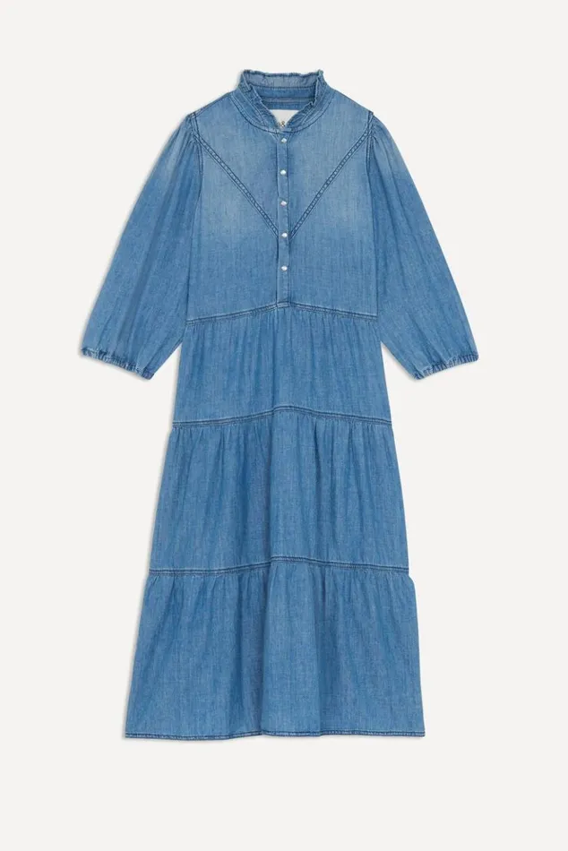 WillowRuffled Denim Midi Dress Clothing Baandsh Dresses