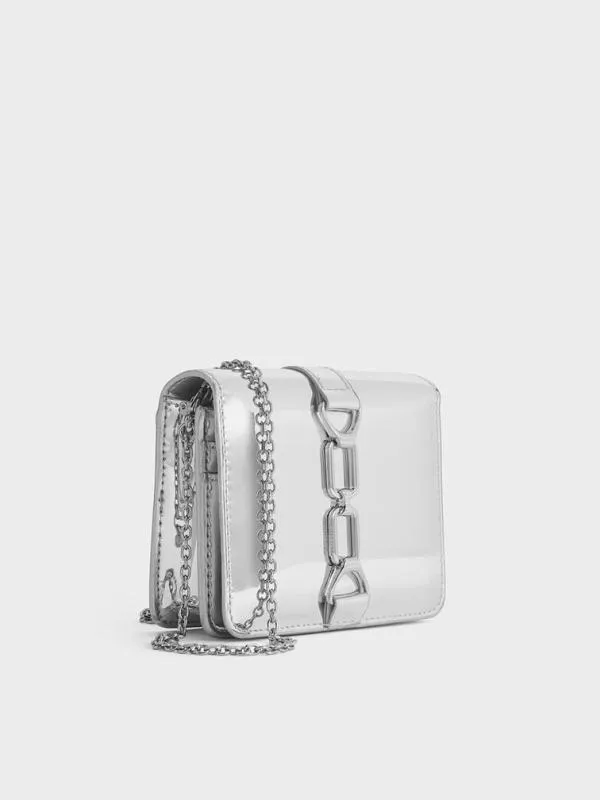 Women Agatha Metallic ChainAccent Card Holder 8211 Silver CHARLES and KEITH Wallets On Chain