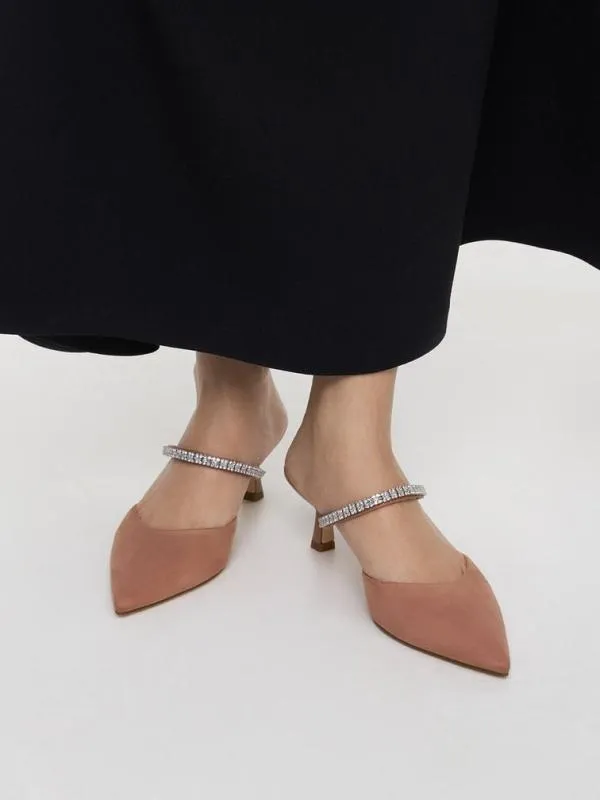 Women Ambrosia Textured GemEmbellished PointedToe Mules 8211 Nude CHARLES and KEITH Heels
