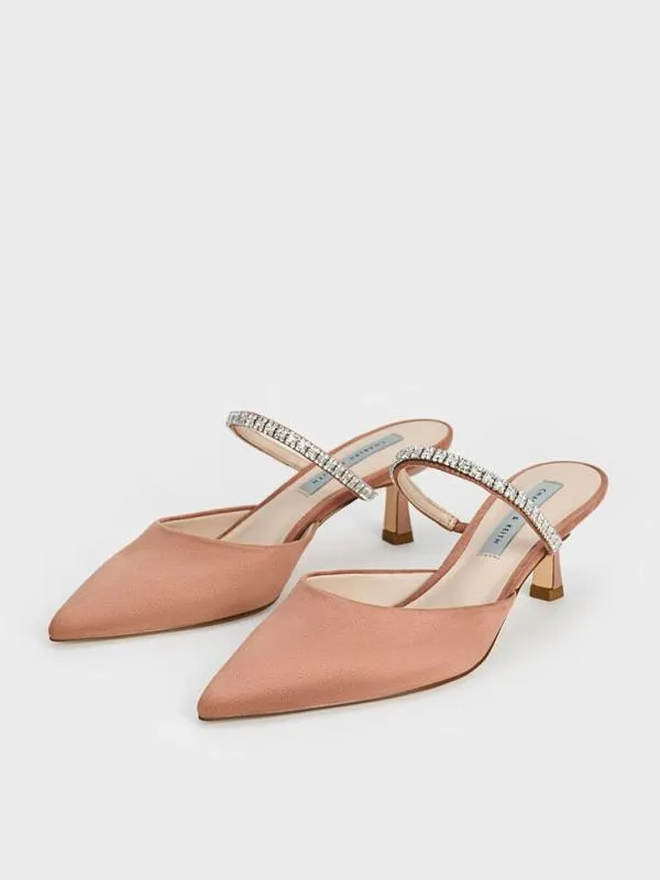 Women Ambrosia Textured GemEmbellished PointedToe Mules 8211 Nude CHARLES and KEITH Heels