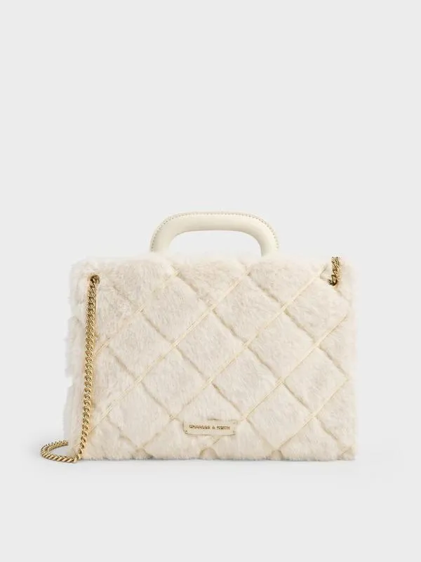 Women Apfra Furry Quilted ChainHandle Tote Bag 8211 Cream CHARLES and KEITH Tote Bags